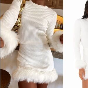 Show me your mumu Fran top & mini skirt set in white, fur trimmed knit ribbed